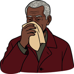 Elderly man in maroon coat blowing nose with tissue vector illustration 