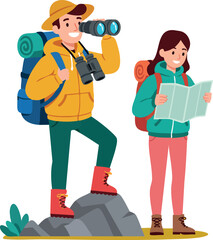 Hikers exploring nature with backpacks binoculars map outdoor adventure activity vector illustration 