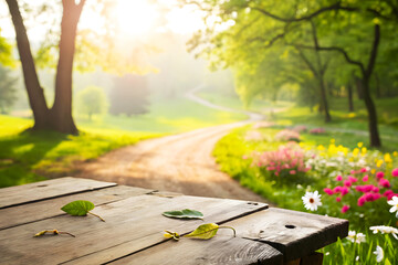 Morning Light Filtering Through Trees with Wooden Surface