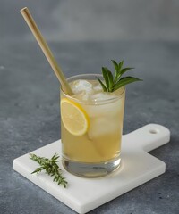 Fototapeta premium A refreshing drink with lemon slice ice and straw on a white board with green garnish near the glass