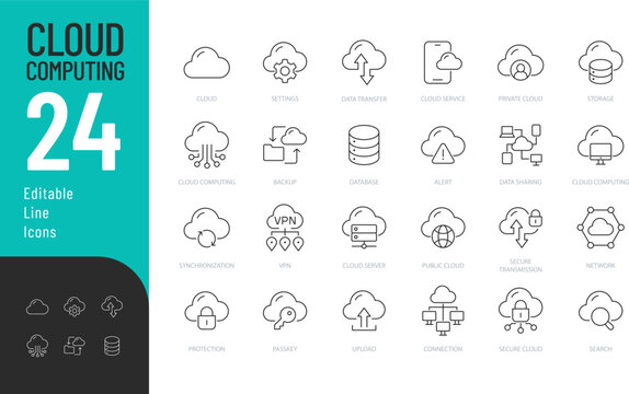 Cloud Computing Editable Icons set. Vector illustration in modern thin line style of technology related icons: datum, storage, network, and more. Isolated on transparent background.