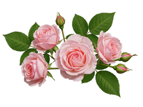 Delicate pink roses and buds with green leaves arranged on a transparent background isolated on transparent background
