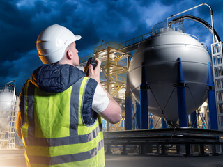 Industrial worker in hard hat and safety vest using radio to communicate at gas facility with...