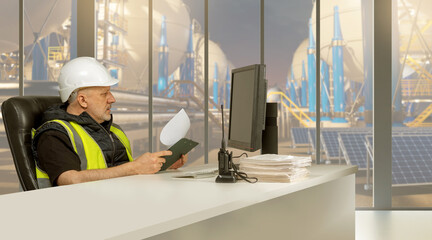 Industrial supervisor in hard hat and safety vest working with documents at desk, monitoring...