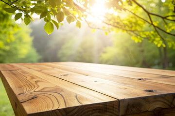 Rustic Wooden Table with Sunlight and Leaves in Natural Outdoor Setting