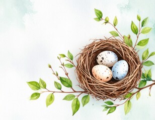 Fototapeta premium Watercolor painting of bird nest with eggs and green leaves on a serene blue background