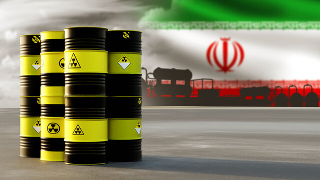 Stack of radioactive waste barrels in front of Iranian flag and refinery silhouette, symbolizing nuclear energy, danger, and geopolitical tension. — Nuclear energy. Geopolitics. Hazardous materials.