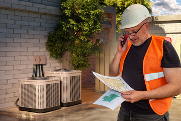 Engineer in safety vest and helmet inspects HVAC blueprints while on phone near outdoor AC units, working at a construction site. Activity: HVAC installation, construction.