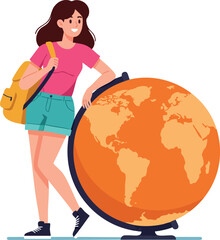 Fototapeta premium Young Woman Traveler with Backpack Standing Next to Orange Globe Illustration Vector 