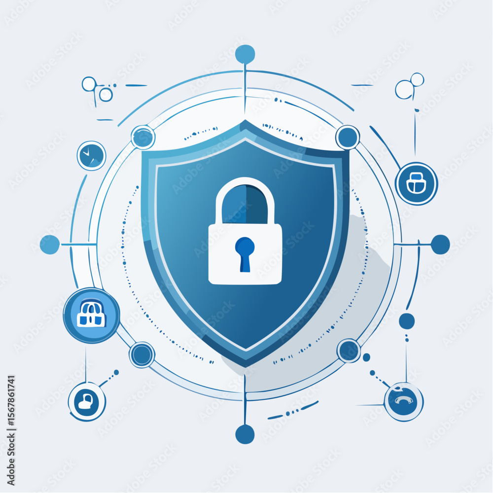 Poster security shield with padlock various icons surrounding it in a circular design