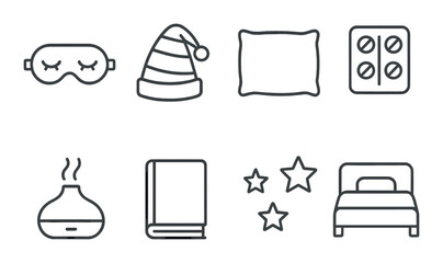 Sleep essentials collection, bedtime icons set. night and rest symbols for relaxation