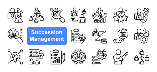Succession management editable stroke icon set, with Succession planning, Successor, Leadership development, High potential, Development plan, Performance assessment, Career path.