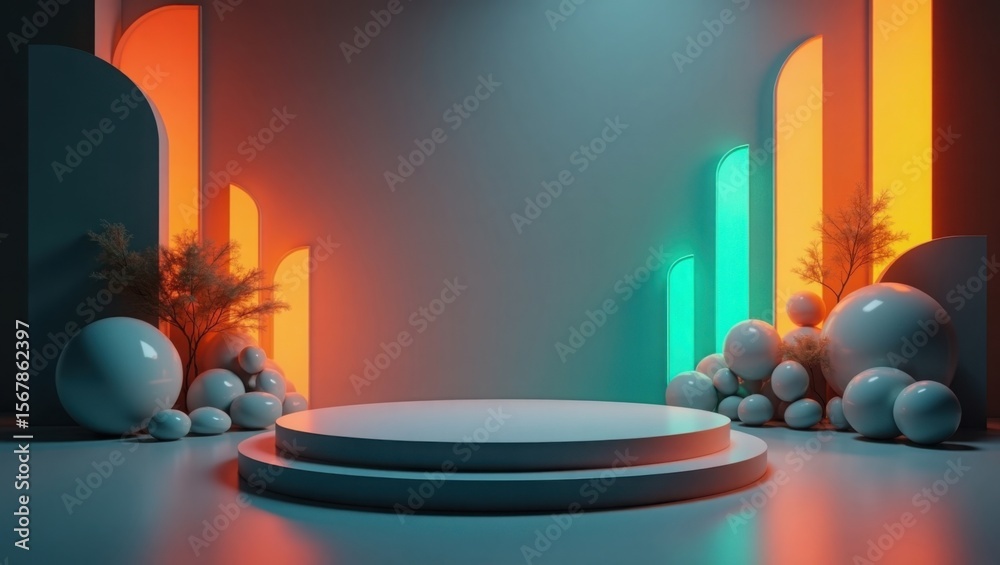 Fototapete abstract neon background with platform and spheres 3d render