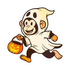 running monkey wearing Halloween ghost costume and holding pumpkin basket, funny mascot cartoon illustration
