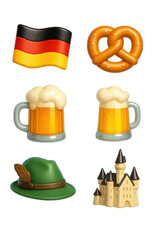 Set of German themed icons on a transparent background: flag, pretzel, beer mugs, alpine hat, and castle. Concept of Oktoberfest, German culture, traditions, and national identity