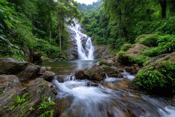 Fototapeta premium Majestic waterfall cascading into a serene pool surrounded by lush greenery