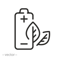 battery with leaves icon, eco clean battery, ecological accumulator,  eco friendly energy, green charge of electricity, thin line symbol on white background - editable stroke vector illustration eps10