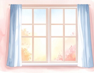 Fototapeta premium Serene interior, sunlight through blue curtain on pink wall, a tranquil home decor vignette