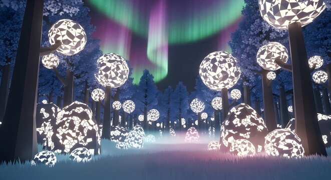 Enchanting forest landscape with shimmering lights illuminating the night sky under the magical glow of the aurora borealis.