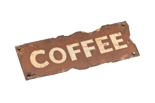 Coffee Sign: A weathered vintage coffee sign against a clean backdrop, perfect for evoking a sense of nostalgia and signaling a cozy cafe ambiance. 