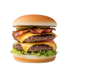 Delicious Double-Decker Burger: A mouthwatering, photorealistic double-decker burger, loaded with juicy patties, melty cheese, crispy bacon, fresh vegetables, and tangy pickles.
