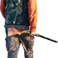 Mature hunter man holding a shotgun and walking through a field