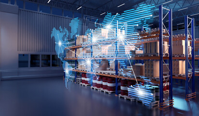 International logistics business. World map inside warehouse. Supply chains around world. Storage location in logistics center. Warehouse hangar interior. Global logistics chains. 3d image