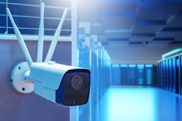 Camera in server room. Video surveillance equipment. White camera with three antennas....