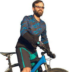 Cyclist in shorts and jersey on a modern carbon hardtail bike with an air suspension fork standing...