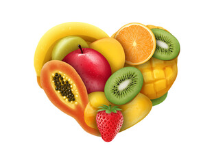 Fruit in the shape of a heart, with banana, mango, papaya, apple, kiwi, orange, and strawberry isolated on a transparent background