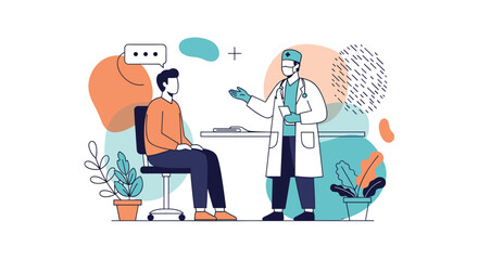 Doctor explaining medical diagnosis to patient sitting in chair healthcare consultation medical professional advice discussion patient care treatment plan health checkup