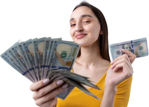 Photo of a wealthy woman in simple clothes holding a fan of dollar money isolated against a concrete wall background