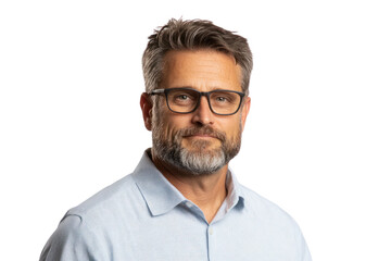 Obraz premium Confident Man: A close-up portrait of a man, radiating confidence and approachability. He wears glasses, his focused gaze hinting at intellect and professionalism.