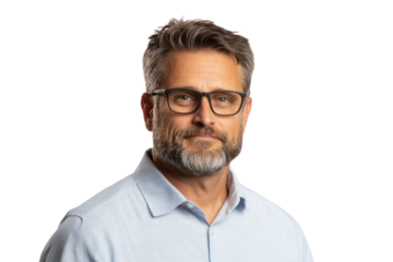 Confident Man: A close-up portrait of a man, radiating confidence and approachability. He wears glasses, his focused gaze hinting at intellect and professionalism.