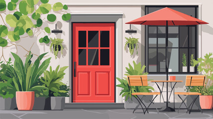 Fototapeta premium Inviting Cafe Facade with Red Door - Professional Stock Photo