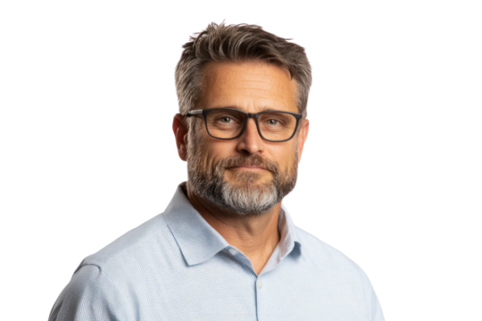 Confident Man: A close-up portrait of a man, radiating confidence and approachability. He wears glasses, his focused gaze hinting at intellect and professionalism.