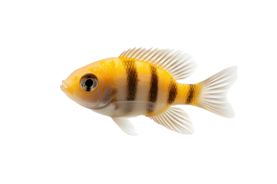 Zebra Cichlid in Profile: A stunning zebra cichlid, flaunting a vibrant yellow and black striped pattern. Its unique scales shimmer gracefully as it moves.