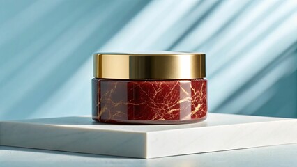 A red and gold cosmetic jar sits on a white surface