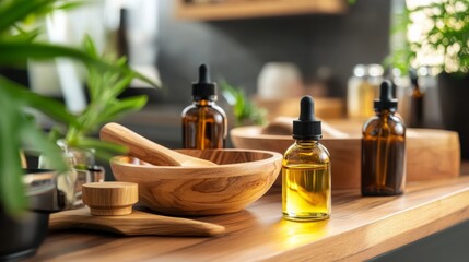 homemade skincare station with bowls, oils, and wooden tools