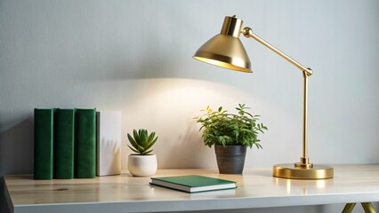 A modern desk with a lamp, books, and plants