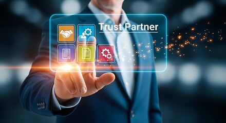 Blue suited man touching glowing Trust Partner interface with handshake gears and documents icons under soft digital