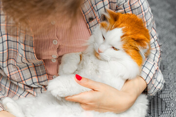 Woman holding a cat in her arms.