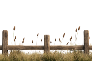 Rustic Fence in Nature's Embrace: A weathered wooden fence, weathered from the passage of time, frames a serene composition of nature, with tall grasses and seed heads.