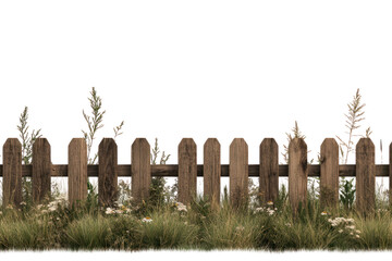 Rustic Fence and Greenery: A detailed shot of an old wooden fence standing amidst lush, verdant grass and wildflowers, evokes a sense of rustic charm and natural beauty.