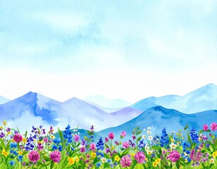 Fototapeta premium Vibrant watercolor landscape, majestic mountains and blooming flowers in serene nature's embrace