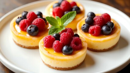 Mini cheesecakes topped with fresh raspberries, blueberries, and a mint leaf on a white plate.