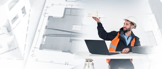 Man architect at work. Construction designer with house model. Architect near room drawings....