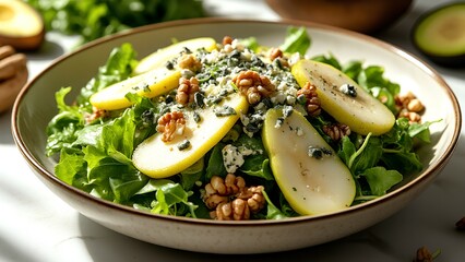 Fresh green salad with sliced pear, walnuts, and blue cheese, served in a rustic bowl on a marble surface.