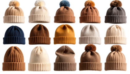  collection of knitted hats. each with a pom-pom on top. displayed in a grid format the hats vary in color. showcasing a range of earthy tones and vibrant shades. making them suitable for winter isola