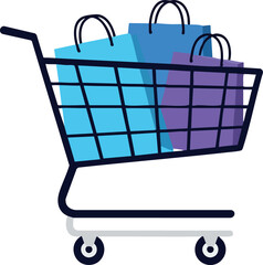 Shopping cart filled with blue and purple shopping bags vector illustration for retail and ecommerce 